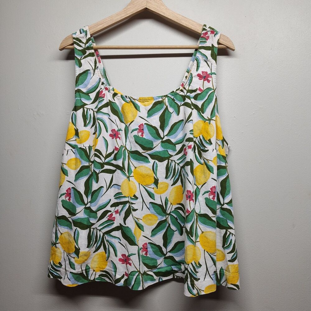 Ava & Viv Linen Top Women 2X Cream Lemons Sleeveless Cropped Beachy Vacation